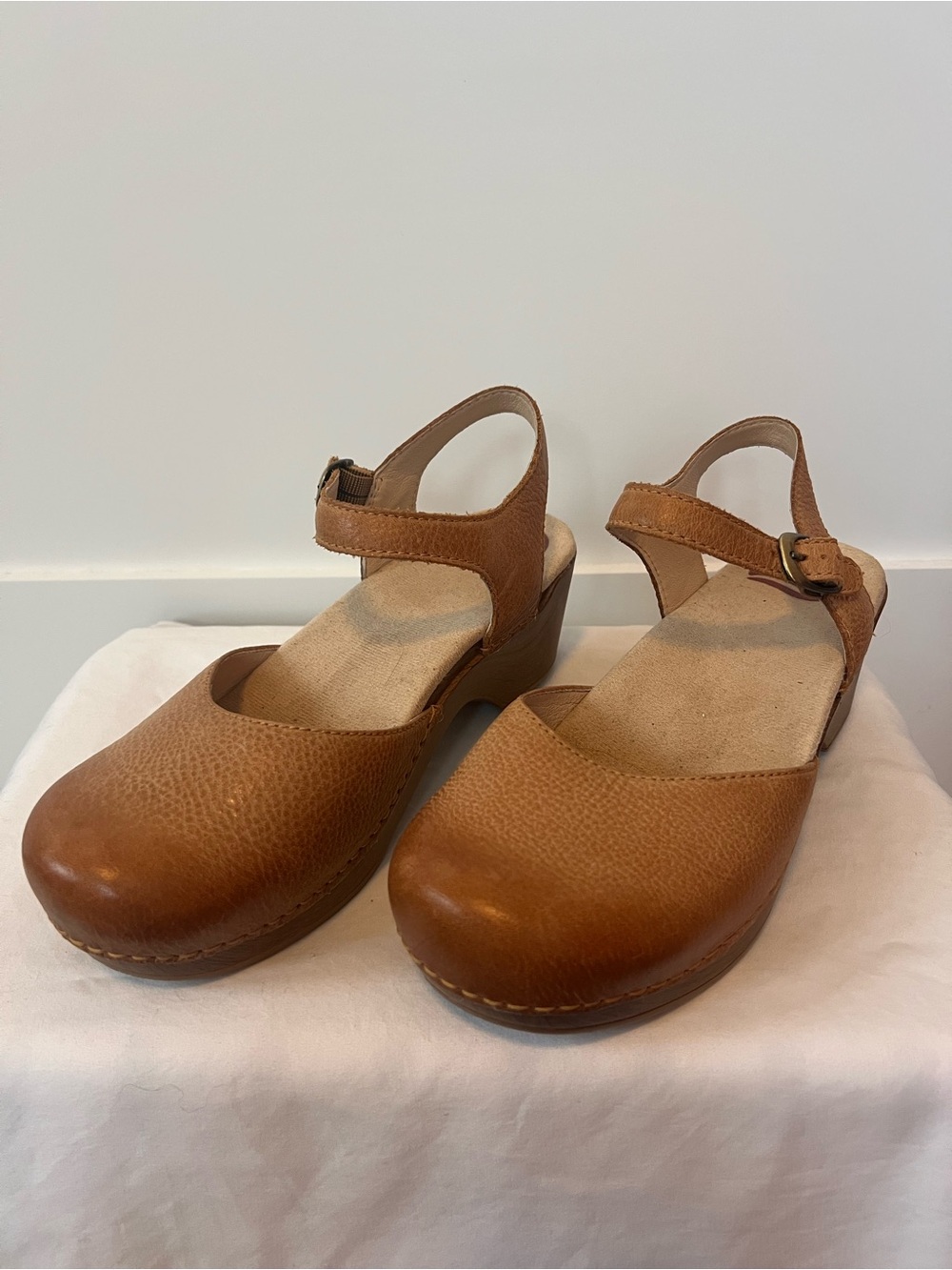 Dansko Women’s Tan Leather Closed-Toe Clog Mules with Ankle Strap